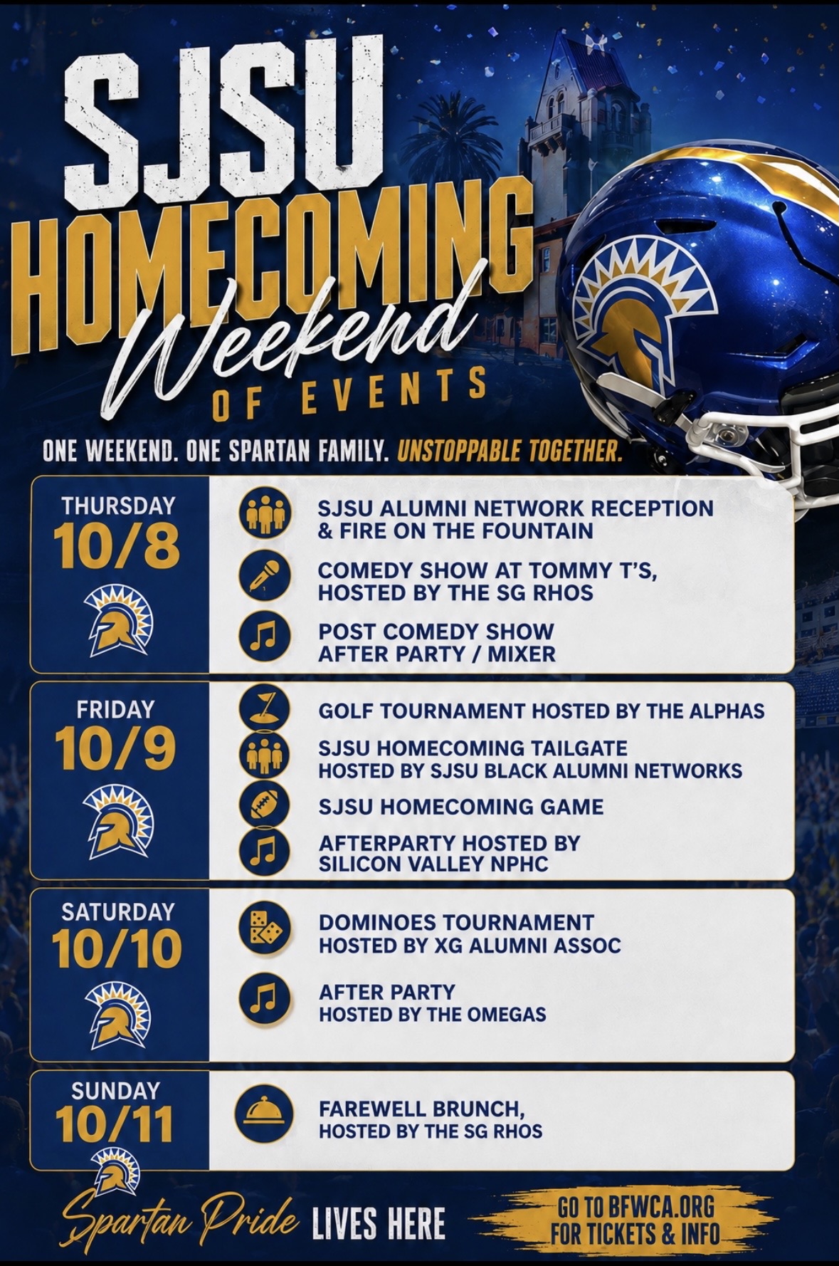 2026 BFW Homecoming at SJSU Event Calendar — Thursday 10/8 through Sunday 10/11