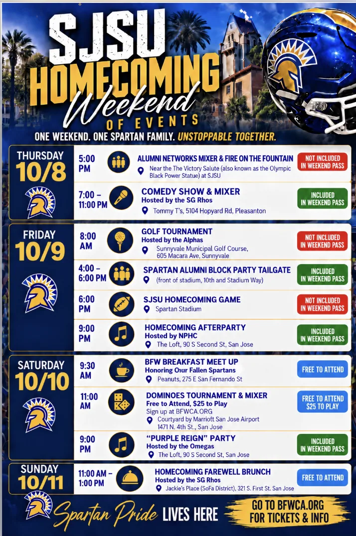 2026 BFW Homecoming at SJSU Event Calendar — Thursday 10/8 through Sunday 10/11