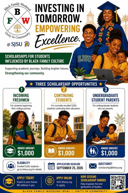 BFW Scholarships at SJSU — Investing in Tomorrow, Empowering Excellence. Three $1,000 scholarships. Application deadline September 25, 2026.